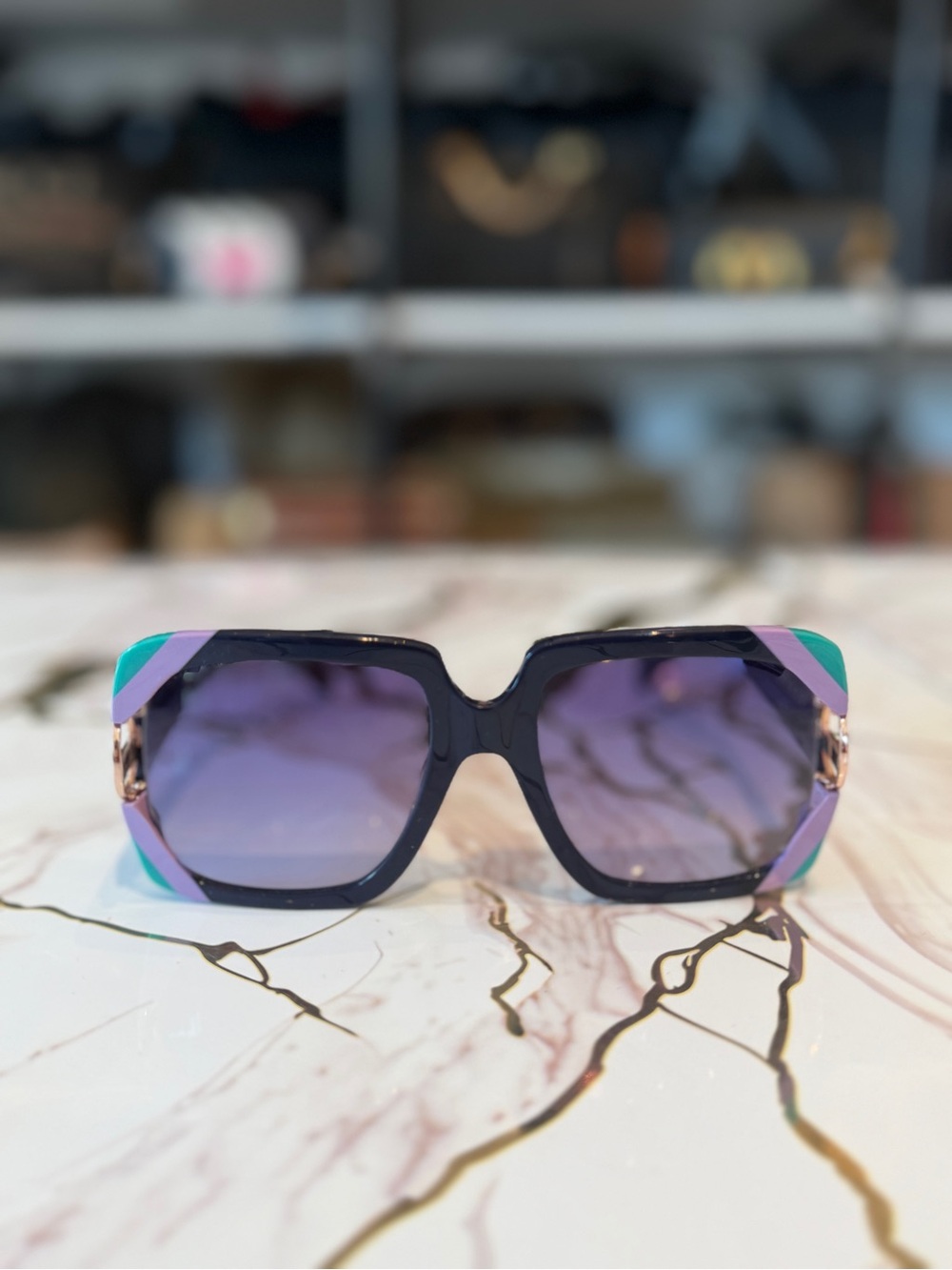 Emilio Pucci Navy Sunglasses with Purple Gradient Lenses & Teal-Pastel Accents